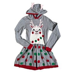 Well Worn Gray Llama Hooded Christmas Sweater Dress Kids 4-5 Festive Holiday
